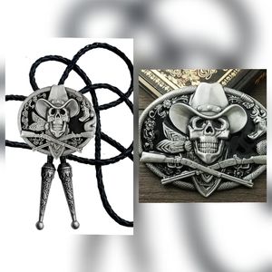 New Matching Cowboy Skeleton outlaw Belt Buckle And Leather Bolo Tie